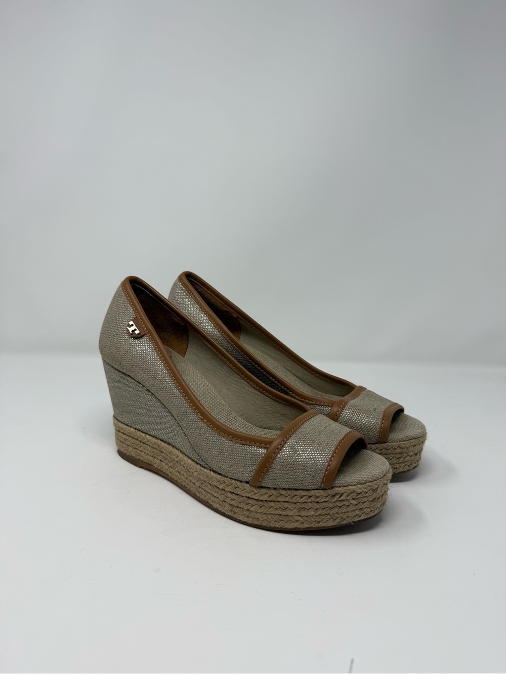 Tory Burch Taupe and Tan Espadrille Wedge Peep-Toe